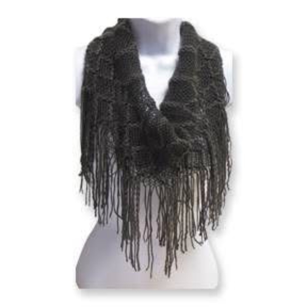 Britt's Knits Fringe Benefits Fringed Gray Knit Infinity Loop Circle Scarf Soft